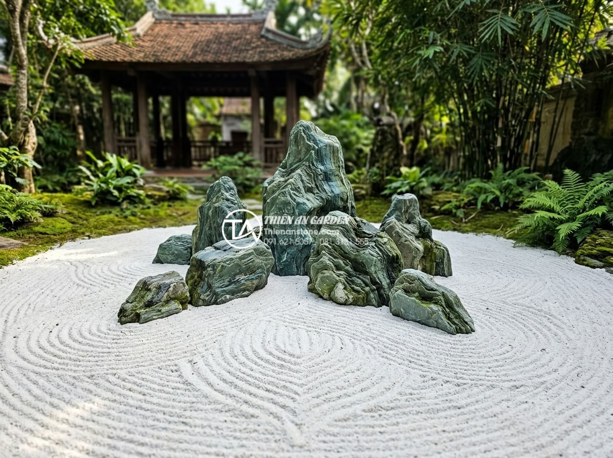 Tại sao cát trắng lại được ưu tiên trong tiểu cảnh thiền Nhật Bản? - Hình 8 Tại sao cát trắng lại được ưu tiên trong tiểu cảnh thiền Nhật Bản? - Artistic representation of sand symbolism in Zen garden showing raked white sand