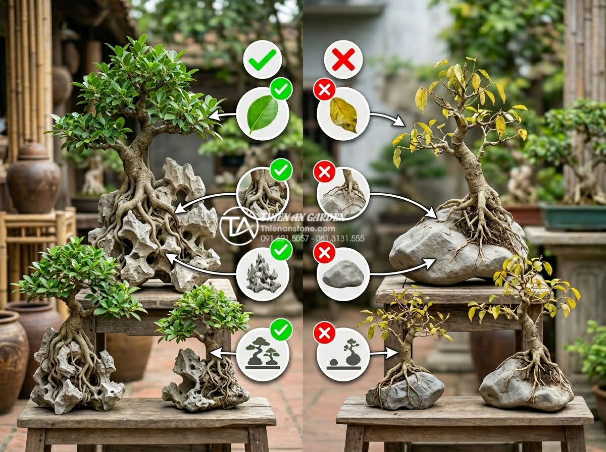 Tại sao tiểu cảnh cây ôm đá ngày càng được giới văn phòng ưa chuộng? - Hình 17 Tại sao tiểu cảnh cây ôm đá ngày càng được giới văn phòng ưa chuộng? - Guide style image showing selection criteria for high quality tree embracing sto
