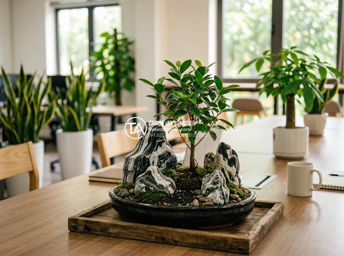 Tại sao tiểu cảnh cây ôm đá ngày càng được giới văn phòng ưa chuộng? - Hình 19 Tại sao tiểu cảnh cây ôm đá ngày càng được giới văn phòng ưa chuộng? - Real customer testimonial style photo of happy office team around their new tree