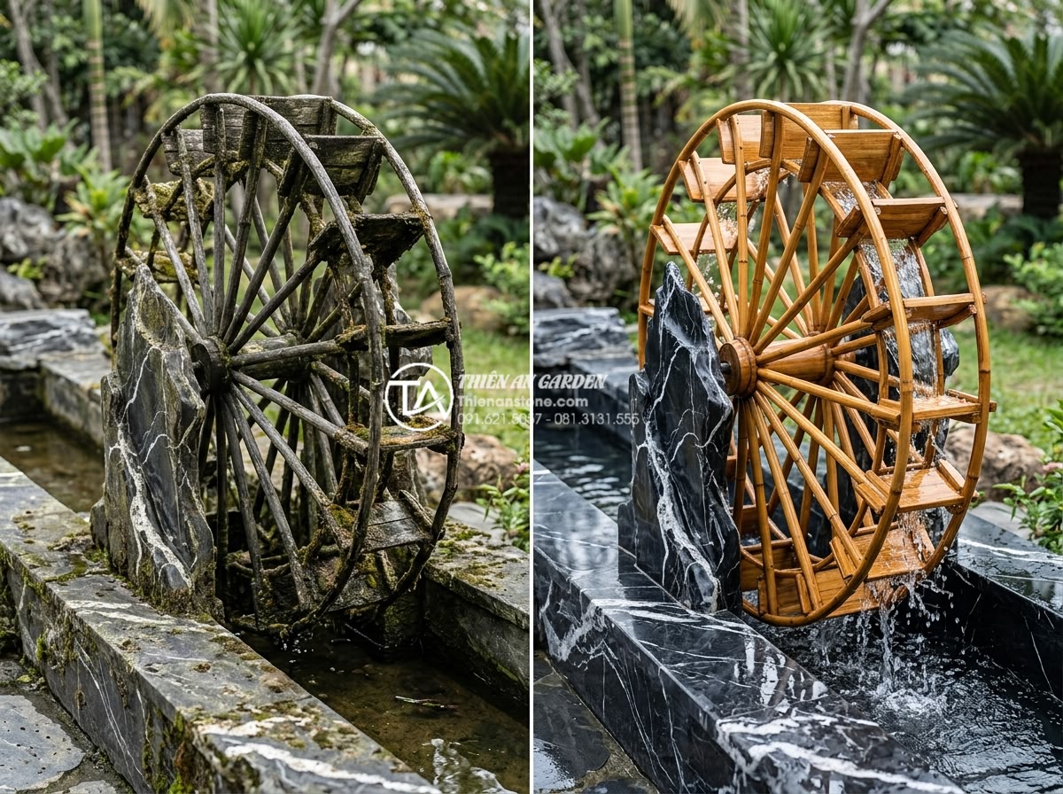 Tại sao tiểu cảnh guồng nước ống tre của bạn không quay? Cách chỉnh chuẩn - Hình 10 Tại sao tiểu cảnh guồng nước ống tre của bạn không quay? Cách chỉnh chuẩn - Professional before-and-after realistic image of bamboo water wheel maintenance: