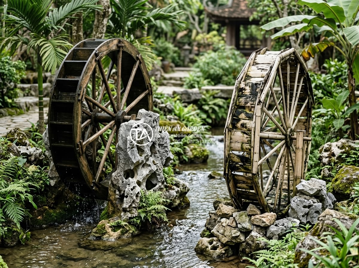 Tại sao tiểu cảnh guồng nước ống tre của bạn không quay? Cách chỉnh chuẩn - Hình 6 Tại sao tiểu cảnh guồng nước ống tre của bạn không quay? Cách chỉnh chuẩn - Comparison realistic photo showing high-quality aged bamboo water wheel with nat