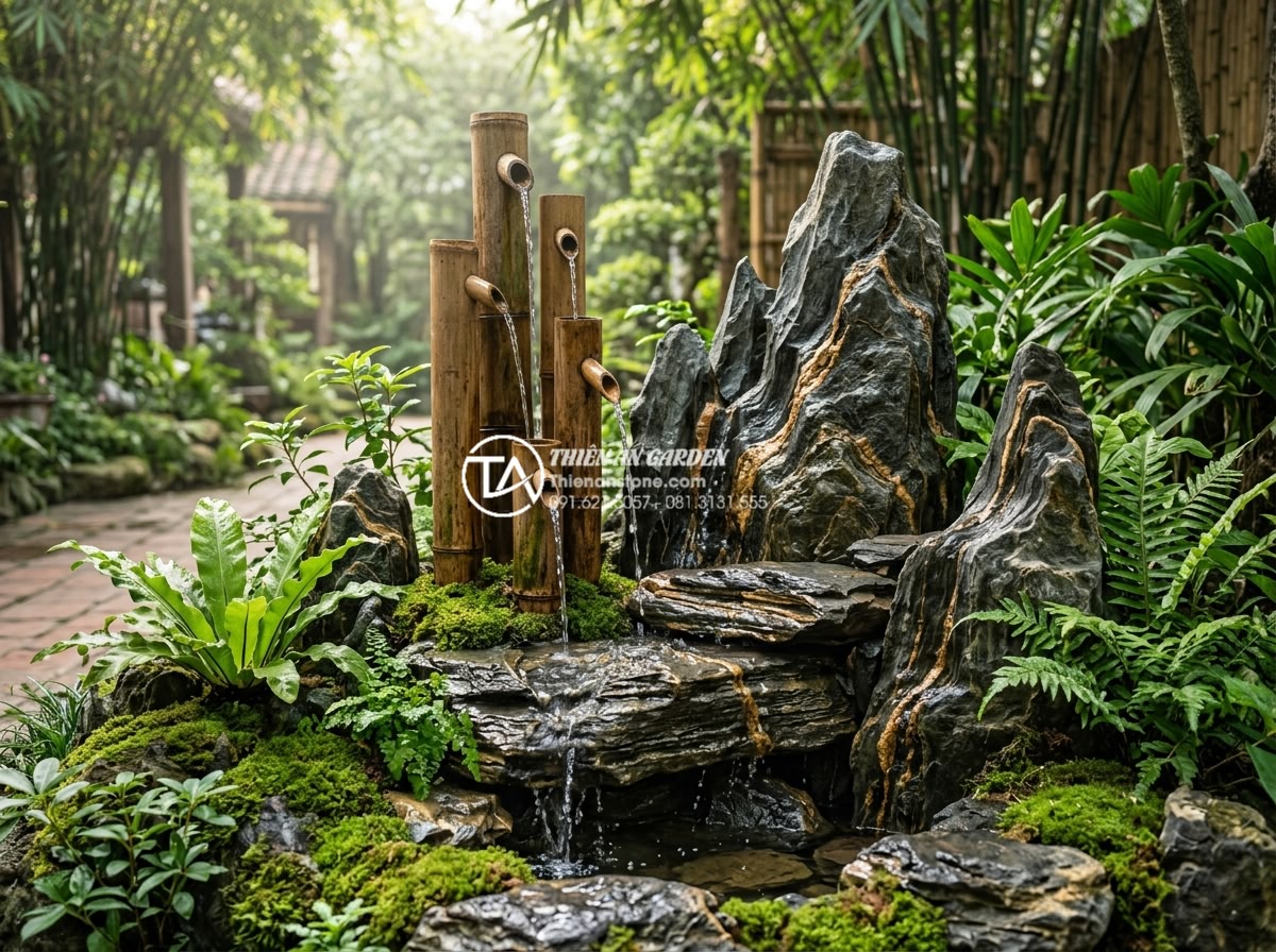 Thiết kế tiểu cảnh ống tre kết hợp đá tự nhiên: Sự giao thoa hoàn hảo - Realistic high-resolution photograph of a modern Vietnamese garden featuring ver