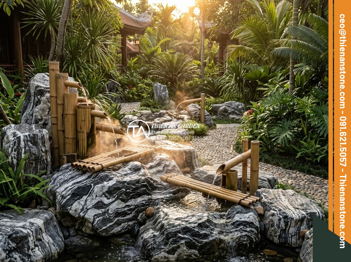 Thiết kế tiểu cảnh ống tre kết hợp đá tự nhiên: Sự giao thoa hoàn hảo - Hình 2 Thiết kế tiểu cảnh ống tre kết hợp đá tự nhiên: Sự giao thoa hoàn hảo - Wide angle realistic photo of a luxurious resort garden showcasing multiple bamb