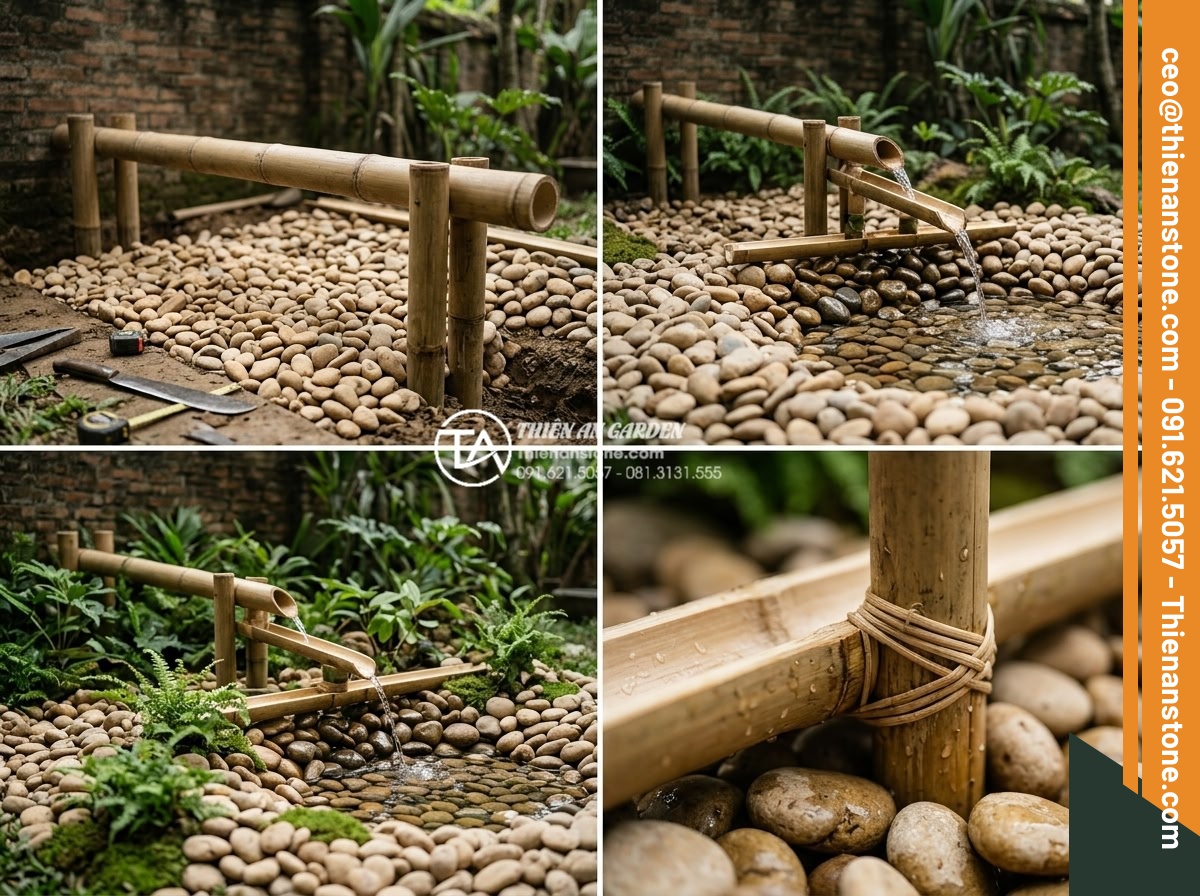 Thiết kế tiểu cảnh ống tre kết hợp đá tự nhiên: Sự giao thoa hoàn hảo - Hình 5 Thiết kế tiểu cảnh ống tre kết hợp đá tự nhiên: Sự giao thoa hoàn hảo - Step-by-step realistic construction photo series showing professional team insta