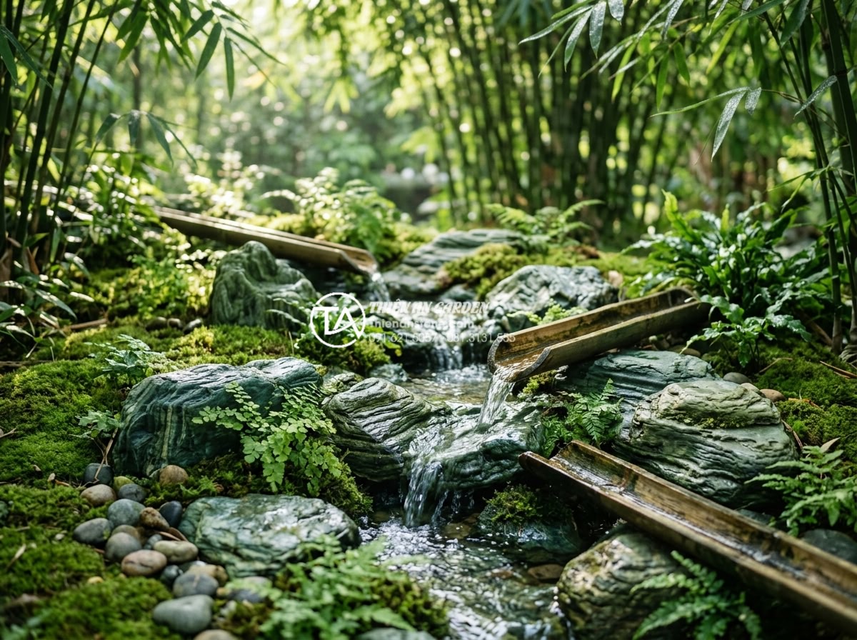 Thiết kế tiểu cảnh suối tre: Mang thanh âm tĩnh lặng vào không gian thiền - Close-up view of a beautifully crafted bamboo water stream feature with crystal