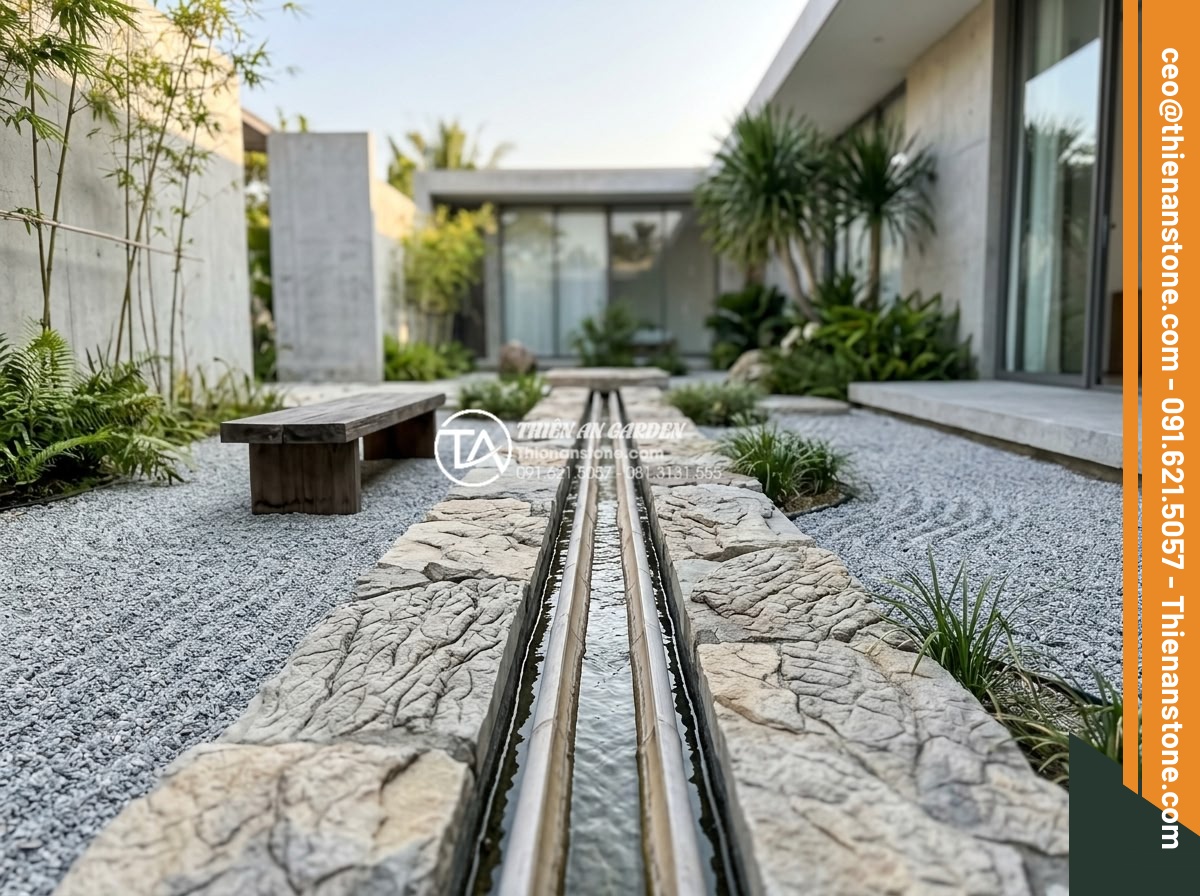 Thiết kế tiểu cảnh suối tre: Mang thanh âm tĩnh lặng vào không gian thiền - Modern minimalist bamboo stream design in a contemporary villa courtyard, straig