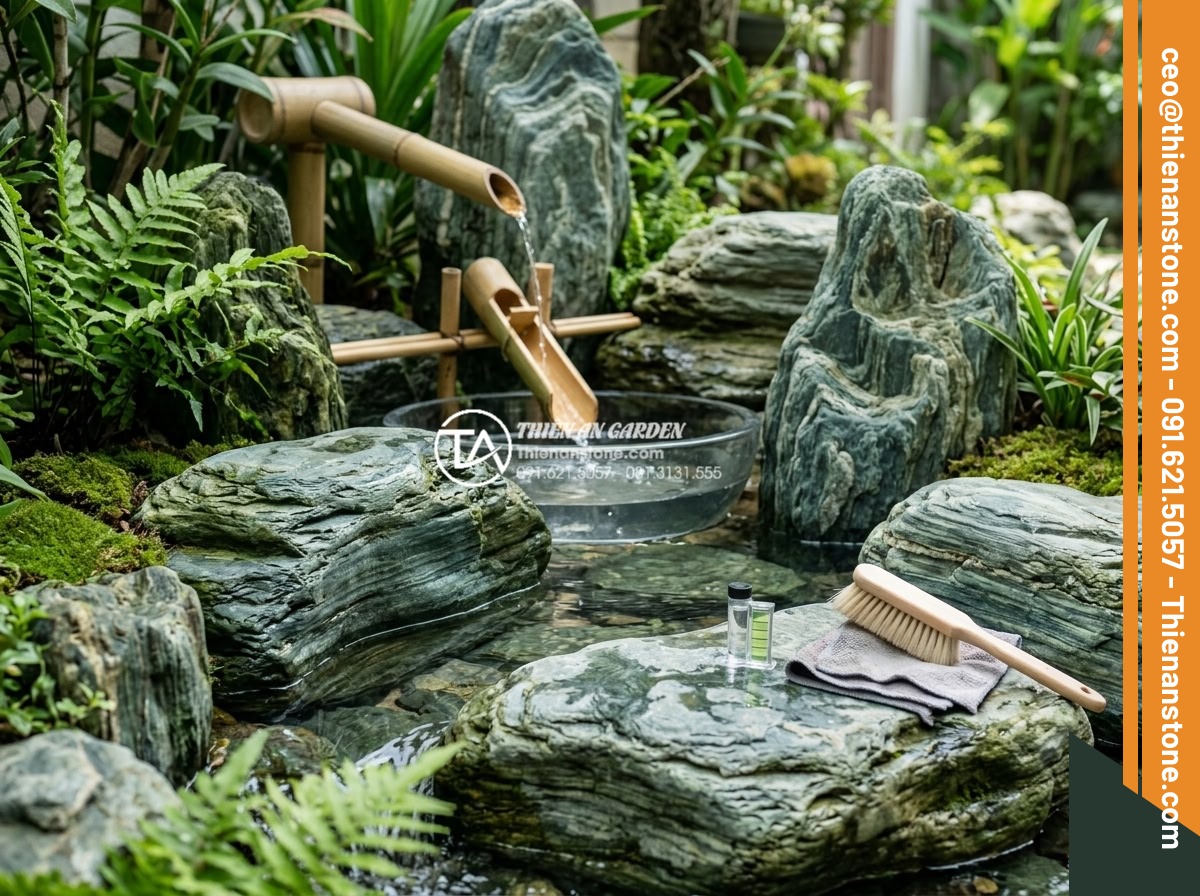 Thiết kế tiểu cảnh suối tre: Mang thanh âm tĩnh lặng vào không gian thiền - Maintenance scene of a well-kept bamboo water stream, technician gently cleaning
