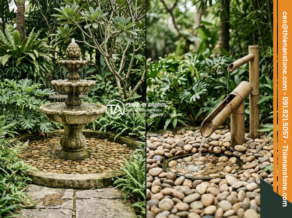 Thiết kế tiểu cảnh suối tre: Mang thanh âm tĩnh lặng vào không gian thiền - Side-by-side comparison style image showing a traditional European fountain vers