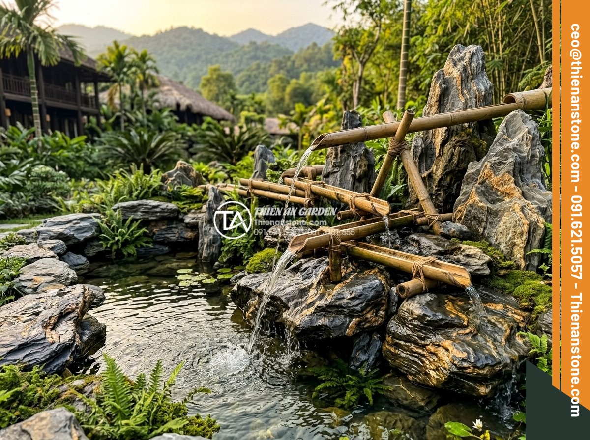 Thiết kế tiểu cảnh suối tre: Mang thanh âm tĩnh lặng vào không gian thiền - Stunning final result of a high-end bamboo water stream installation by a profes