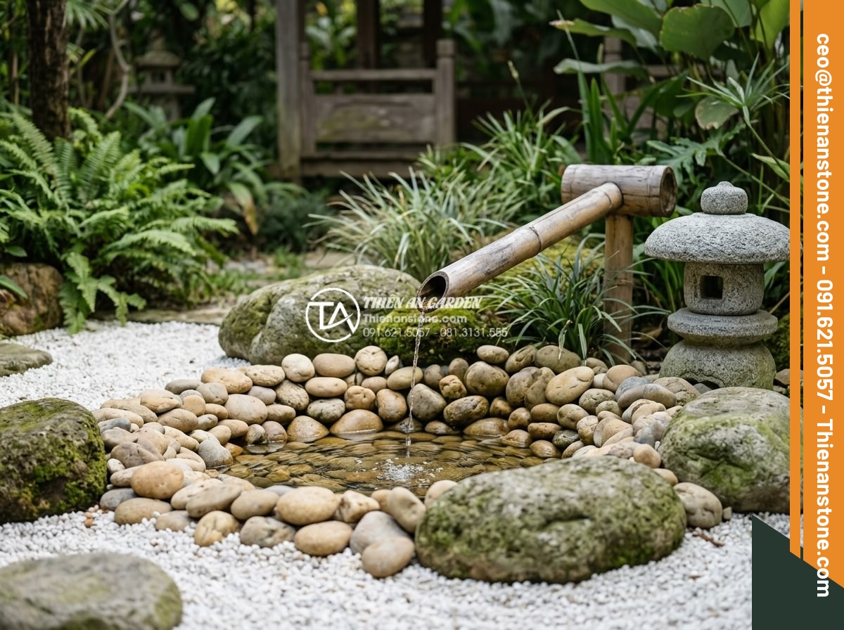 Thiết kế tiểu cảnh suối tre: Mang thanh âm tĩnh lặng vào không gian thiền - Traditional Japanese zen garden inspired bamboo water stream with smooth river s