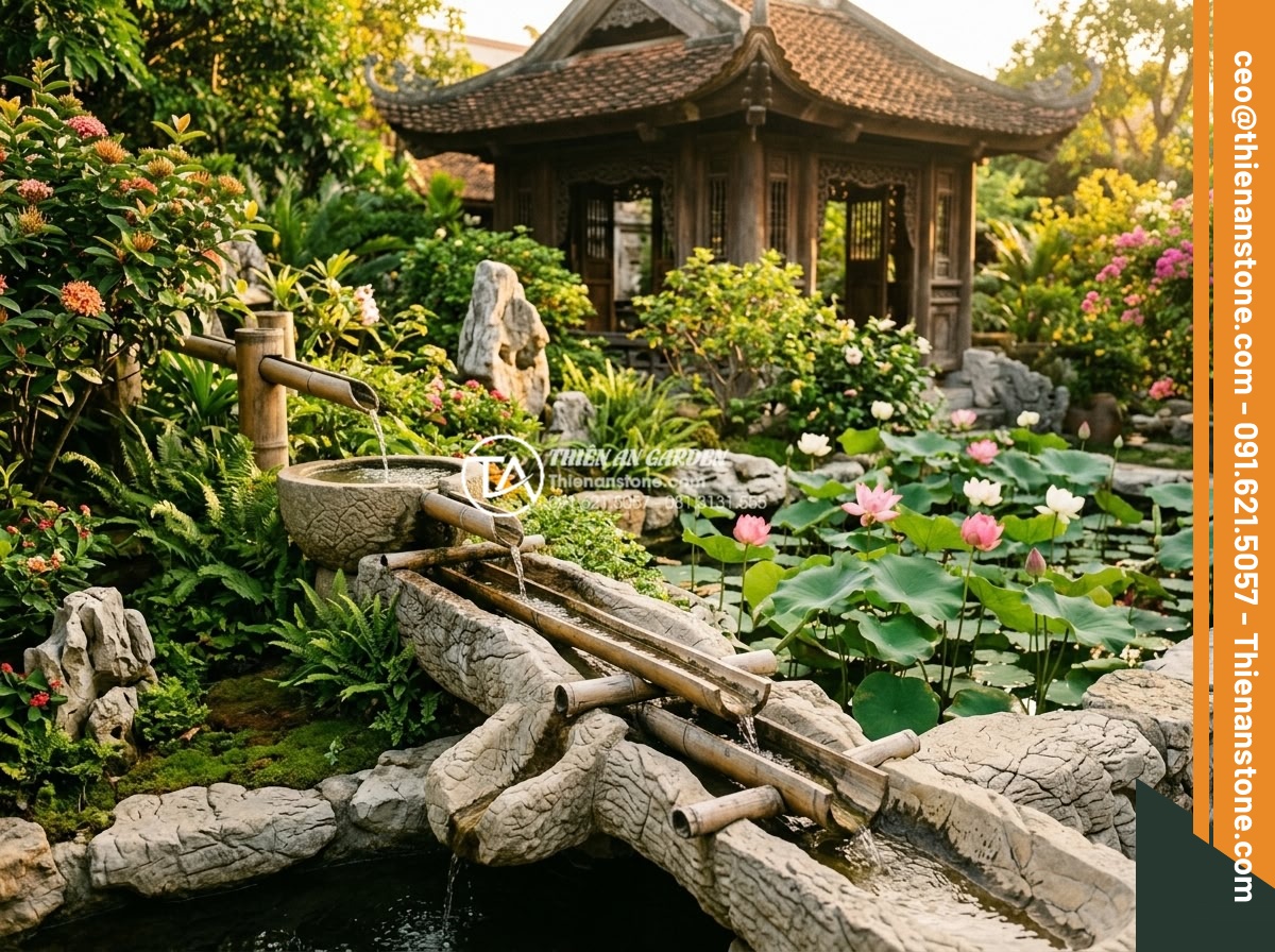 Thiết kế tiểu cảnh suối tre: Mang thanh âm tĩnh lặng vào không gian thiền - Ancient Chinese style courtyard with elegant bamboo water feature, water flowing