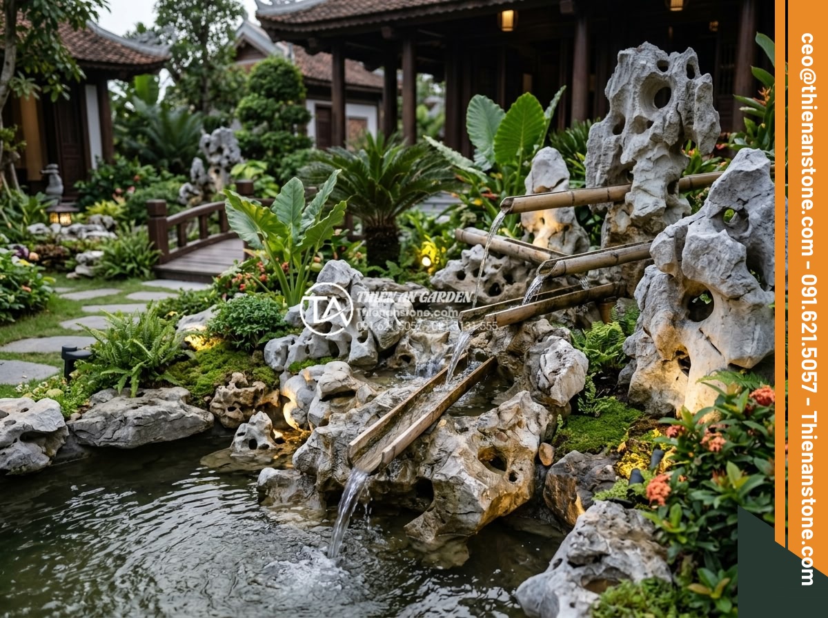Thiết kế tiểu cảnh suối tre: Mang thanh âm tĩnh lặng vào không gian thiền - Elaborate winding bamboo water stream combined with traditional Vietnamese stone