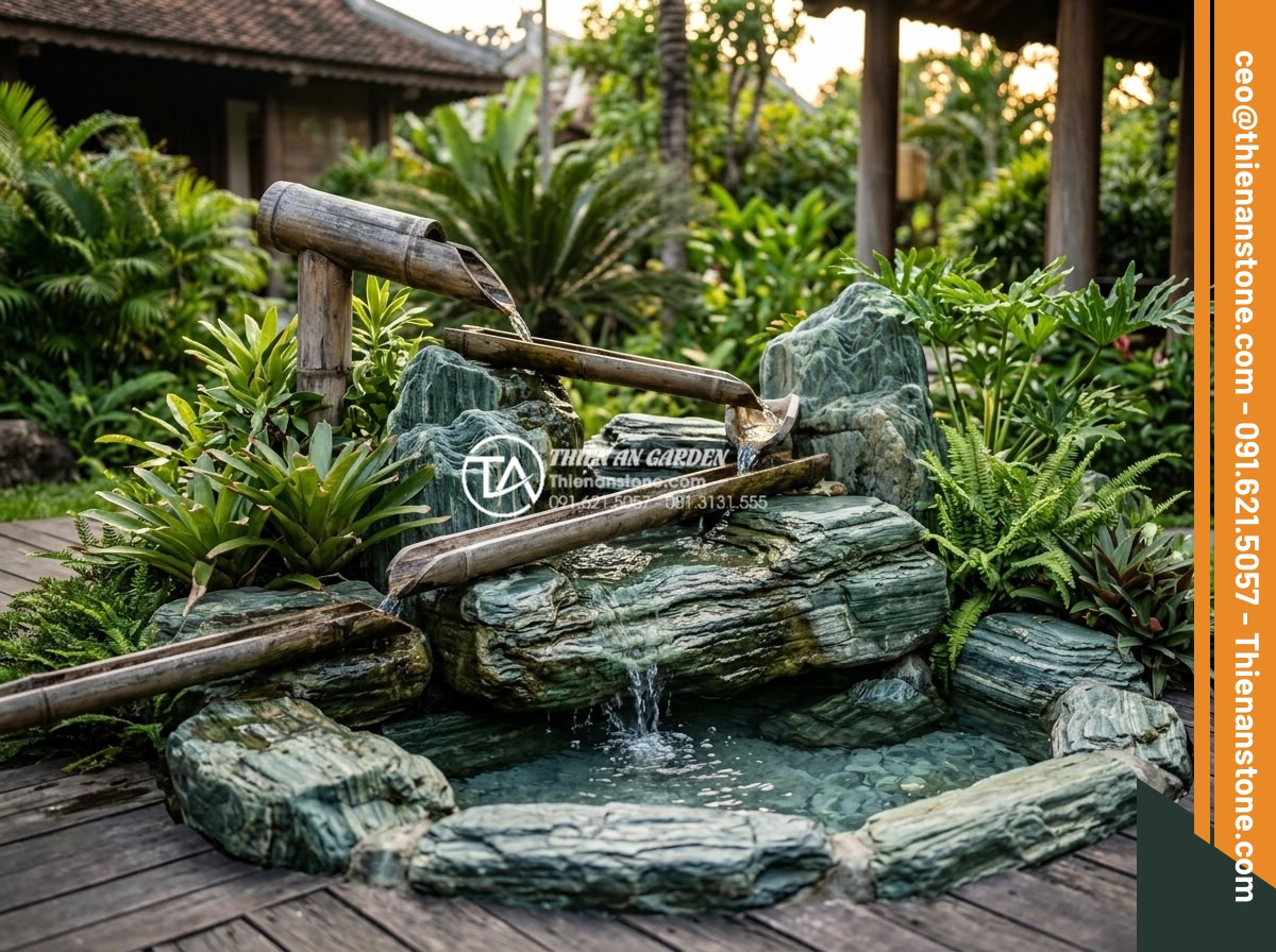 Thiết kế tiểu cảnh suối tre: Mang thanh âm tĩnh lặng vào không gian thiền - Completed luxury bamboo stream water feature in a resort garden at golden hour, 