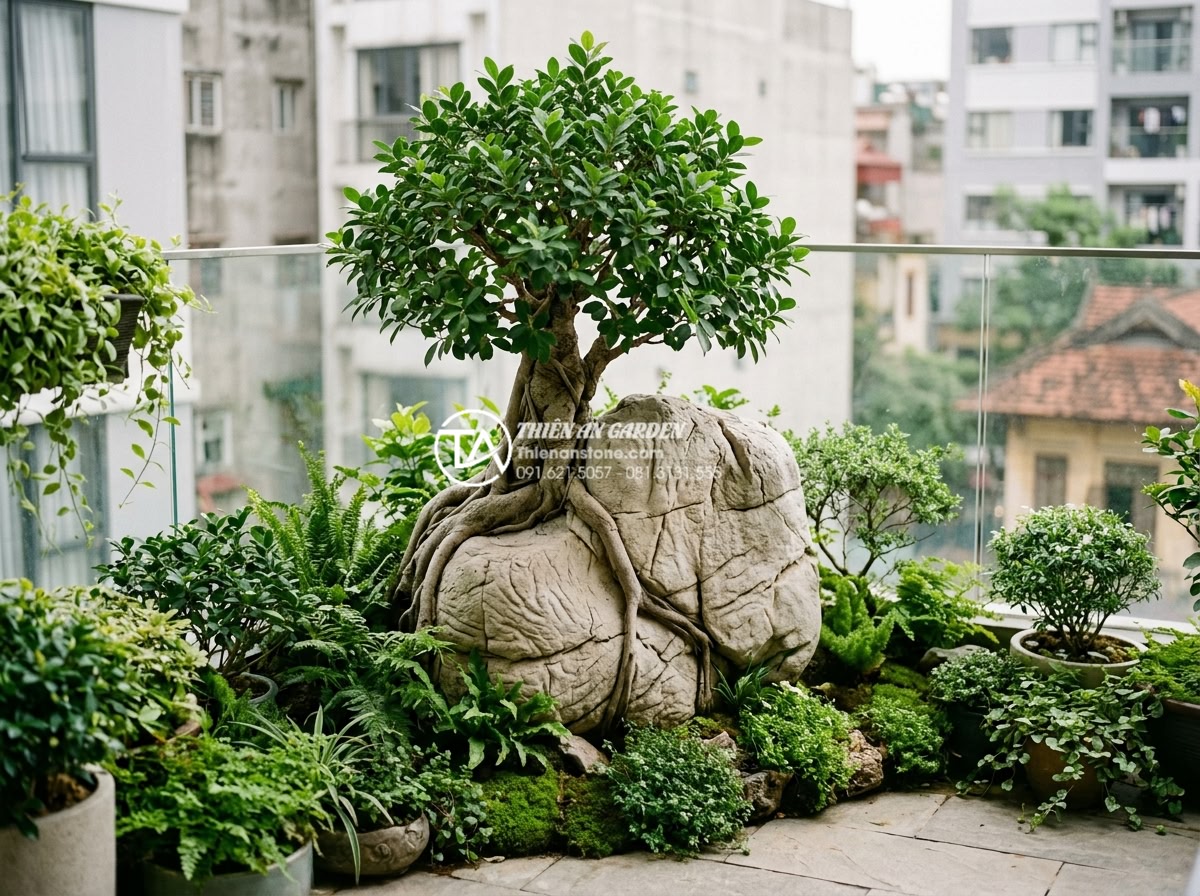 Tiểu cảnh cây ôm đá cho ban công chung cư: Nhỏ gọn nhưng đẳng cấp - Realistic image of well-maintained luxury balcony garden with tree hugging stone