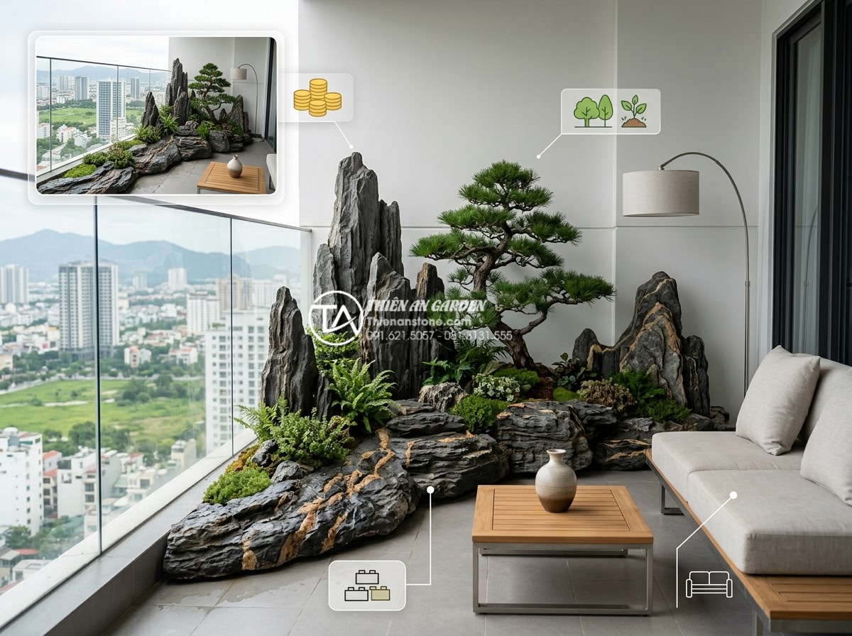 Tiểu cảnh cây ôm đá cho ban công chung cư: Nhỏ gọn nhưng đẳng cấp - Professional infographic style image of luxury balcony with premium tree and sto