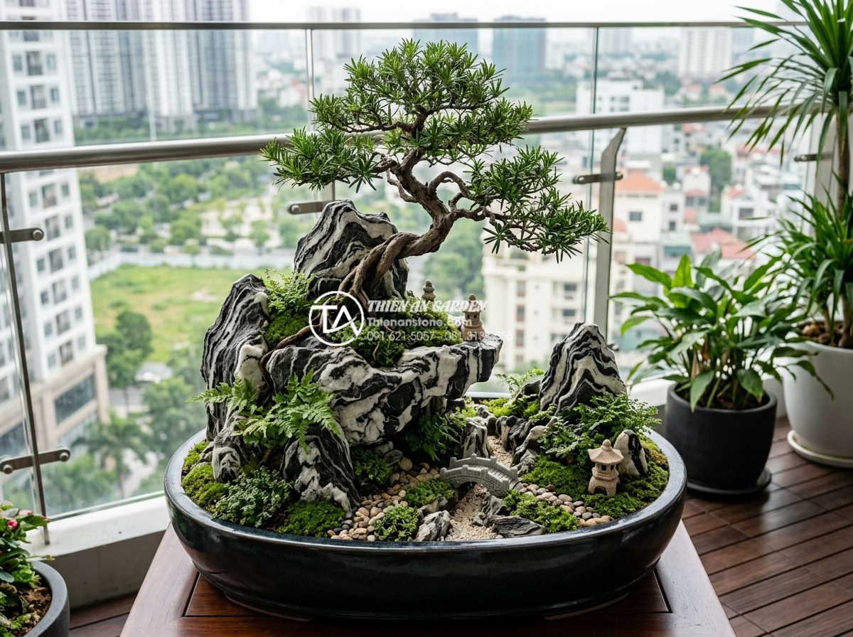 Tiểu cảnh cây ôm đá cho ban công chung cư: Nhỏ gọn nhưng đẳng cấp - High quality realistic photo of completed high-end balcony miniature landscape p