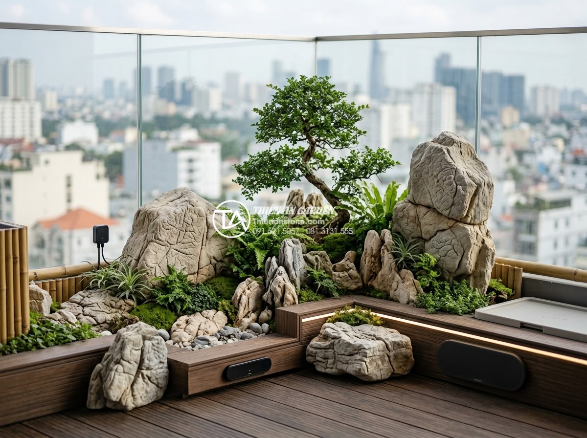 Tiểu cảnh cây ôm đá cho ban công chung cư: Nhỏ gọn nhưng đẳng cấp - High resolution image of eco-friendly luxury balcony miniature landscape with na
