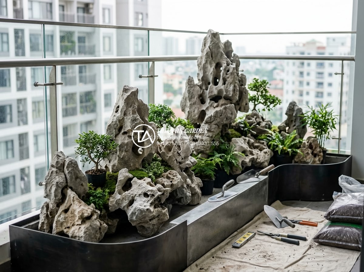 Tiểu cảnh cây ôm đá cho ban công chung cư: Nhỏ gọn nhưng đẳng cấp - Professional team photo of expert stone and landscape designers working on premi