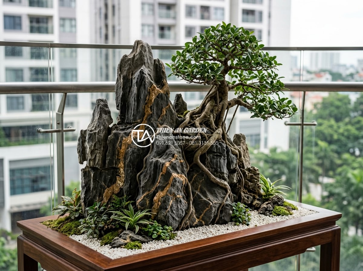 Tiểu cảnh cây ôm đá cho ban công chung cư: Nhỏ gọn nhưng đẳng cấp - Completed high-end balcony tree hugging stone miniature garden by professional c