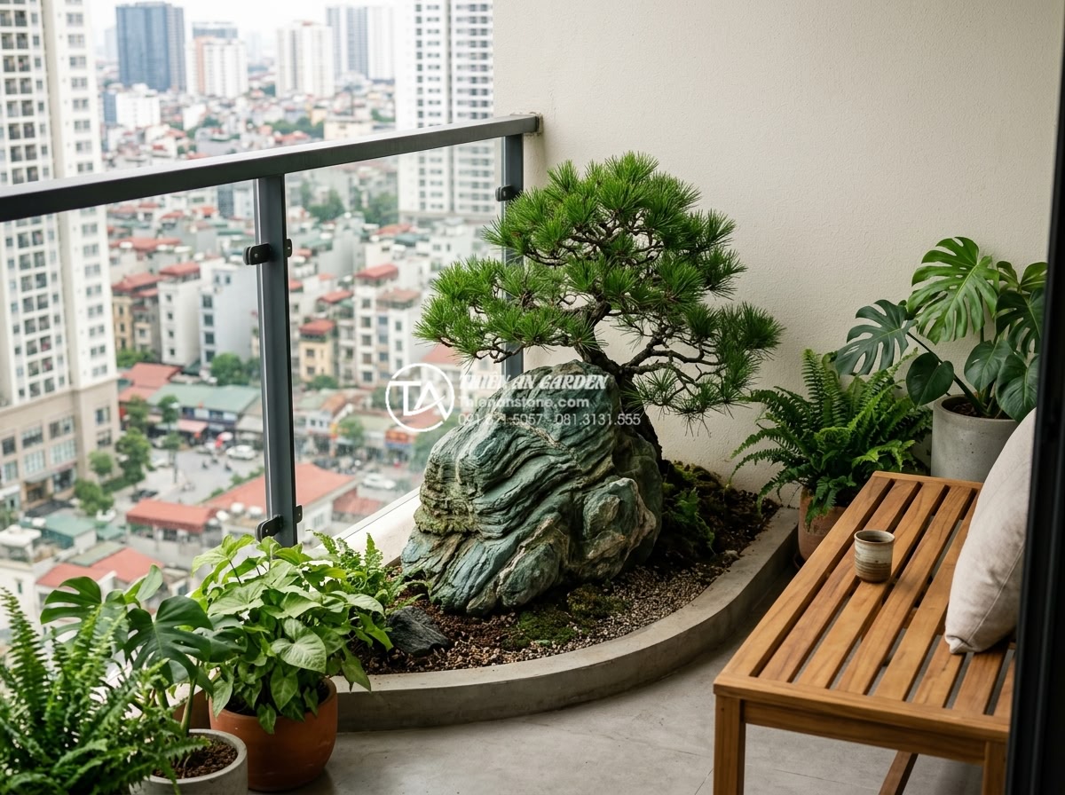 Tiểu cảnh cây ôm đá cho ban công chung cư: Nhỏ gọn nhưng đẳng cấp - High resolution professional photo of a compact modern balcony in Vietnamese hig