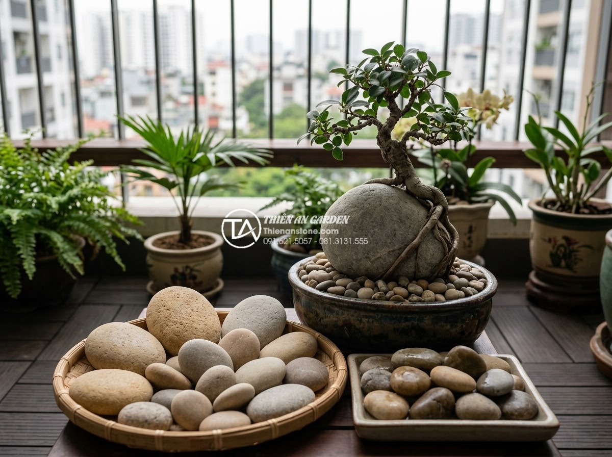 Tiểu cảnh cây ôm đá cho ban công chung cư: Nhỏ gọn nhưng đẳng cấp - Professional photograph of premium natural stone selection for balcony garden, v