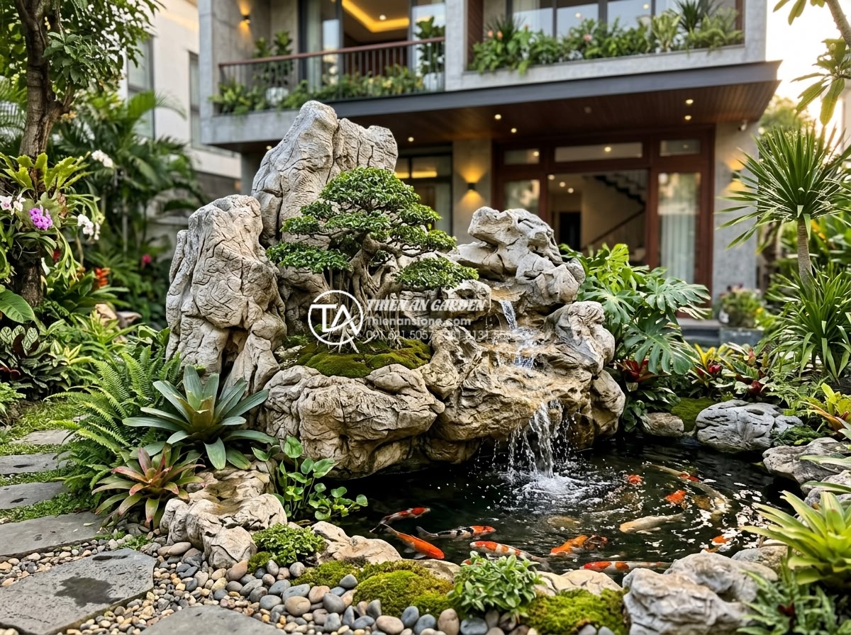 Tiểu cảnh cây ôm đá kết hợp thác nước: Giải pháp xanh cho sân vườn phố - Photorealistic high-resolution image of a modern Vietnamese urban backyard garde