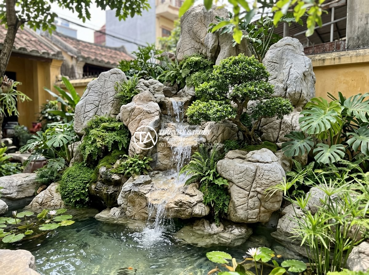 Tiểu cảnh cây ôm đá kết hợp thác nước: Giải pháp xanh cho sân vườn phố - Realistic image of well-maintained Vietnamese garden stone and tree waterfall fe
