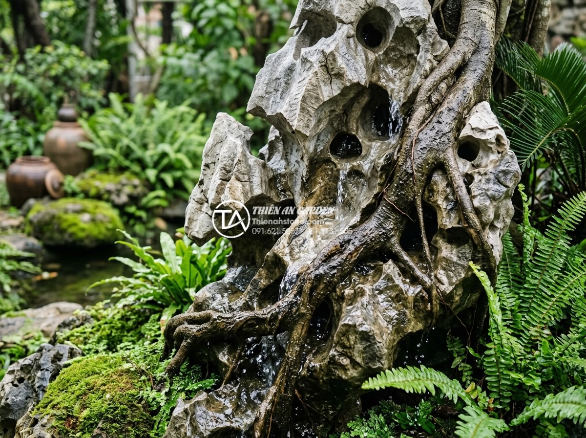 Tiểu cảnh cây ôm đá kết hợp thác nước: Giải pháp xanh cho sân vườn phố - Detailed realistic photograph showing close-up view of natural stone hugging tre