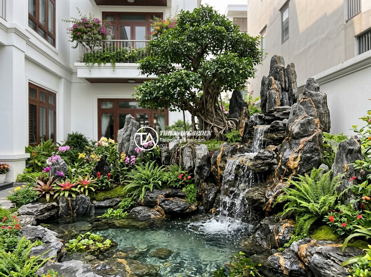 Tiểu cảnh cây ôm đá kết hợp thác nước: Giải pháp xanh cho sân vườn phố - High quality realistic image of a peaceful urban garden corner with natural ston