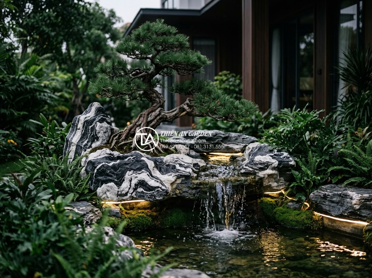 Tiểu cảnh cây ôm đá kết hợp thác nước: Giải pháp xanh cho sân vườn phố - Professional landscape photography of an elegant Vietnamese villa garden featuri