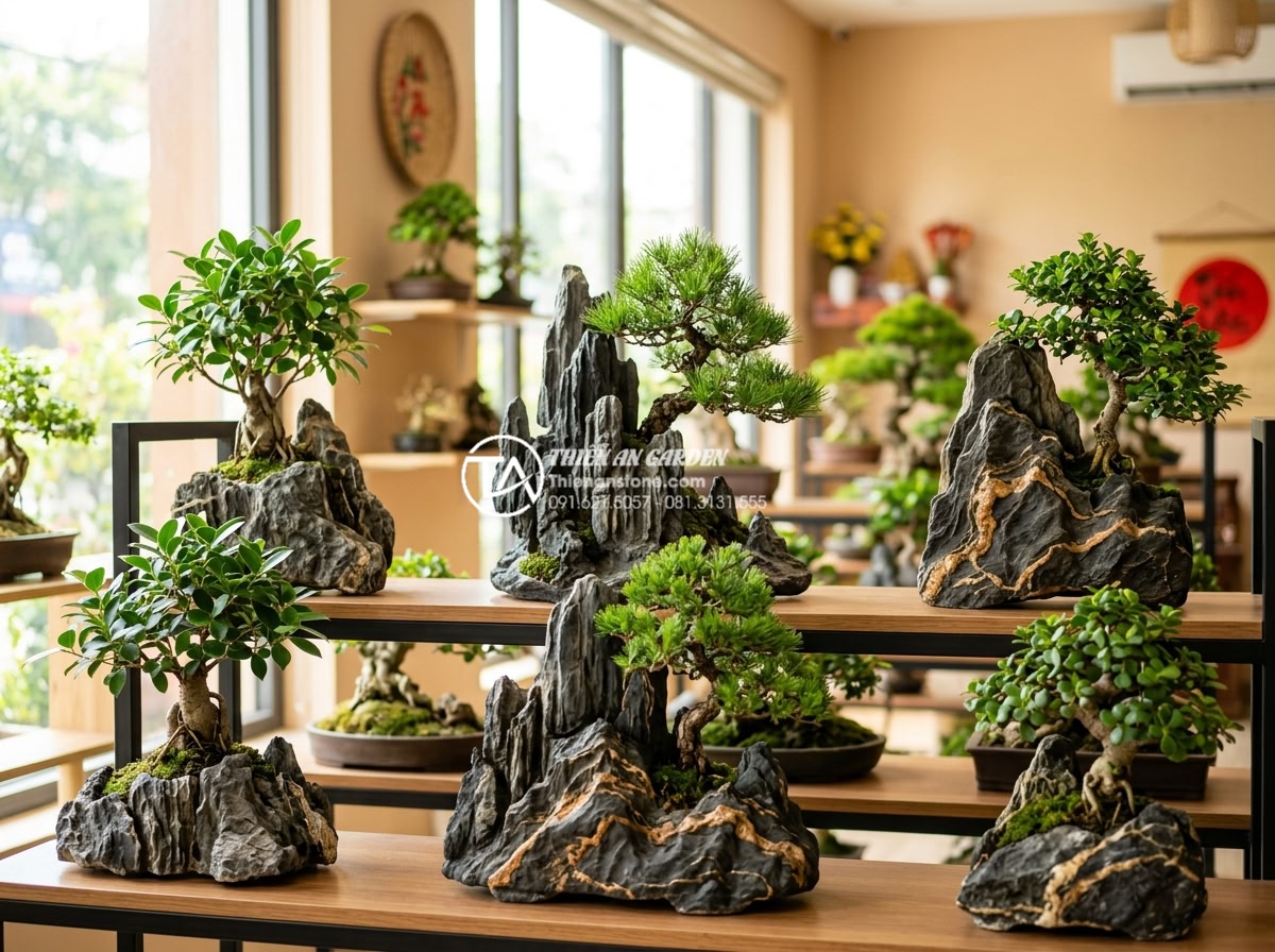 Tiểu cảnh cây ôm đá mini: Nghệ thuật tinh tế cho không gian nhỏ - Beautiful collection of various miniature rock hugging bonsai trees displayed to