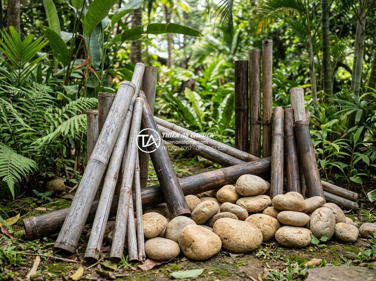 Tiểu cảnh ống tre có bền không? Tuổi thọ trung bình và cách kéo dài - High-resolution professional photograph of multiple treated bamboo tubes of diff