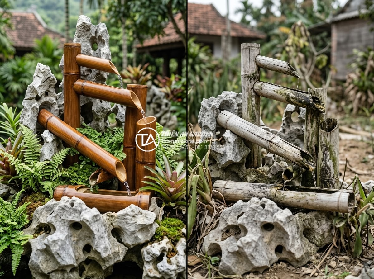 Tiểu cảnh ống tre có bền không? Tuổi thọ trung bình và cách kéo dài - Long-term durability comparison infographic style image showing side-by-side bam