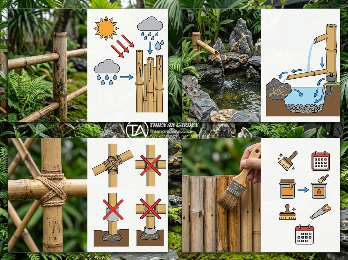 Tiểu cảnh ống tre có bền không? Tuổi thọ trung bình và cách kéo dài - Expert diagram and real-life photo montage illustrating key factors affecting ba
