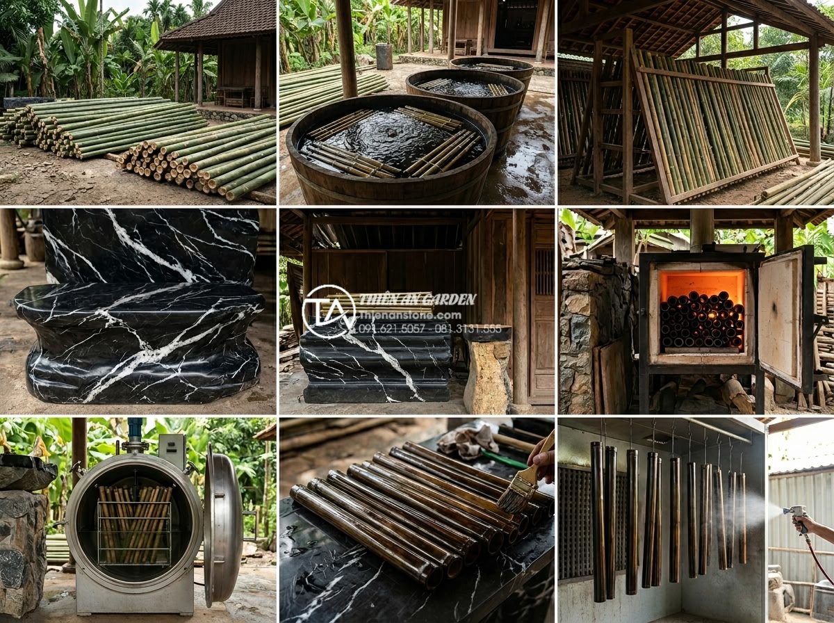 Tiểu cảnh ống tre có bền không? Tuổi thọ trung bình và cách kéo dài - Professional workshop process collage showing 7-step modern bamboo tube treatmen