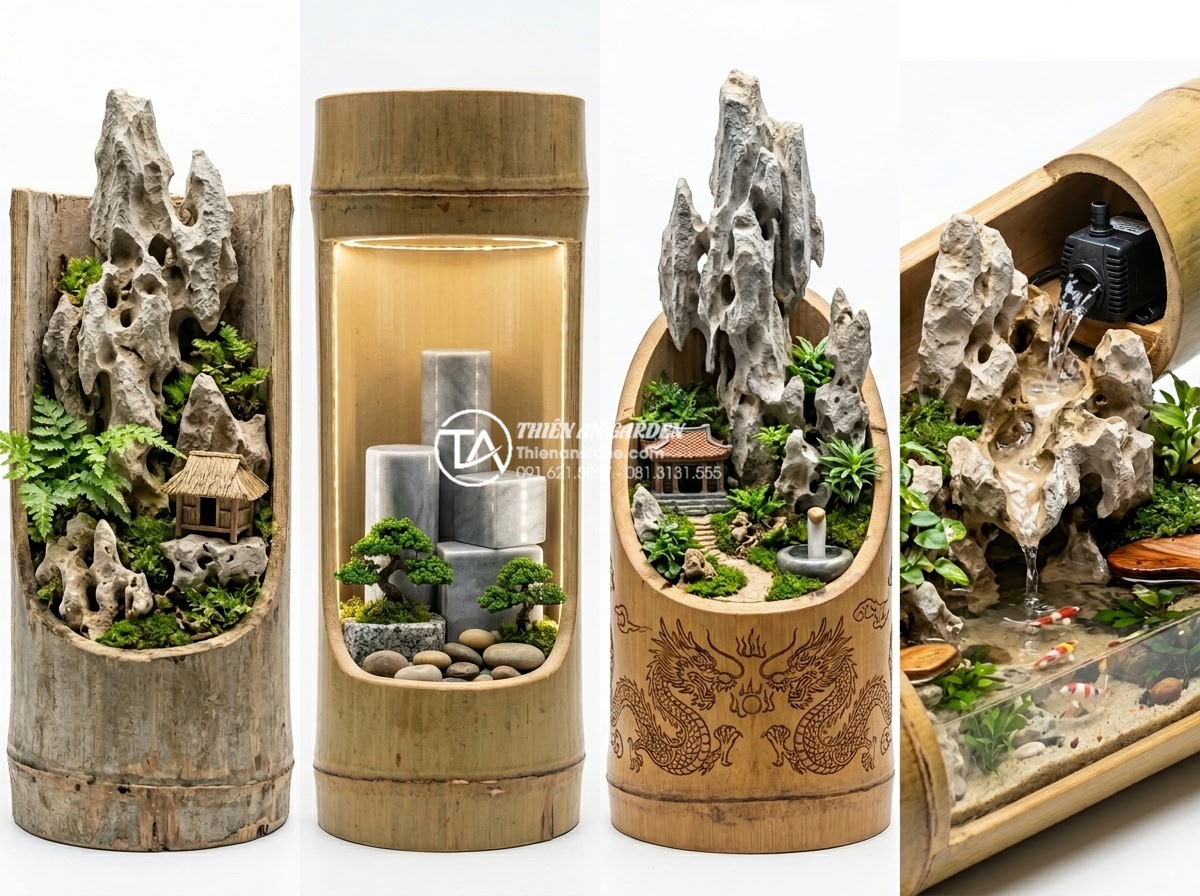 Tiểu cảnh ống tre là gì? Nghệ thuật đưa hơi thở làng quê vào kiến trúc hiện đại - Professional collage showing four different styles of Vietnamese bamboo tube min