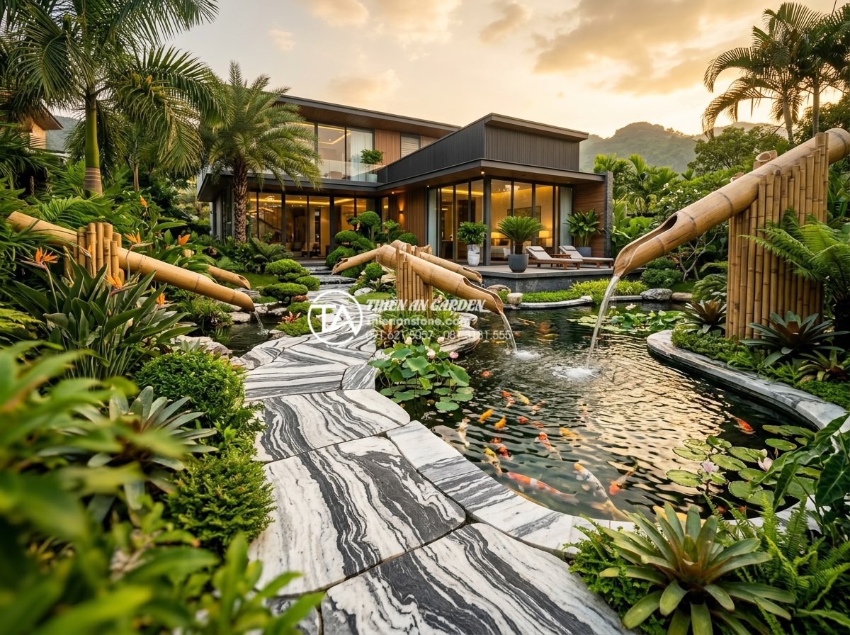 Tiểu cảnh ống tre là gì? Nghệ thuật đưa hơi thở làng quê vào kiến trúc hiện đại - Stunning wide angle view of a luxury modern villa garden at golden hour featurin