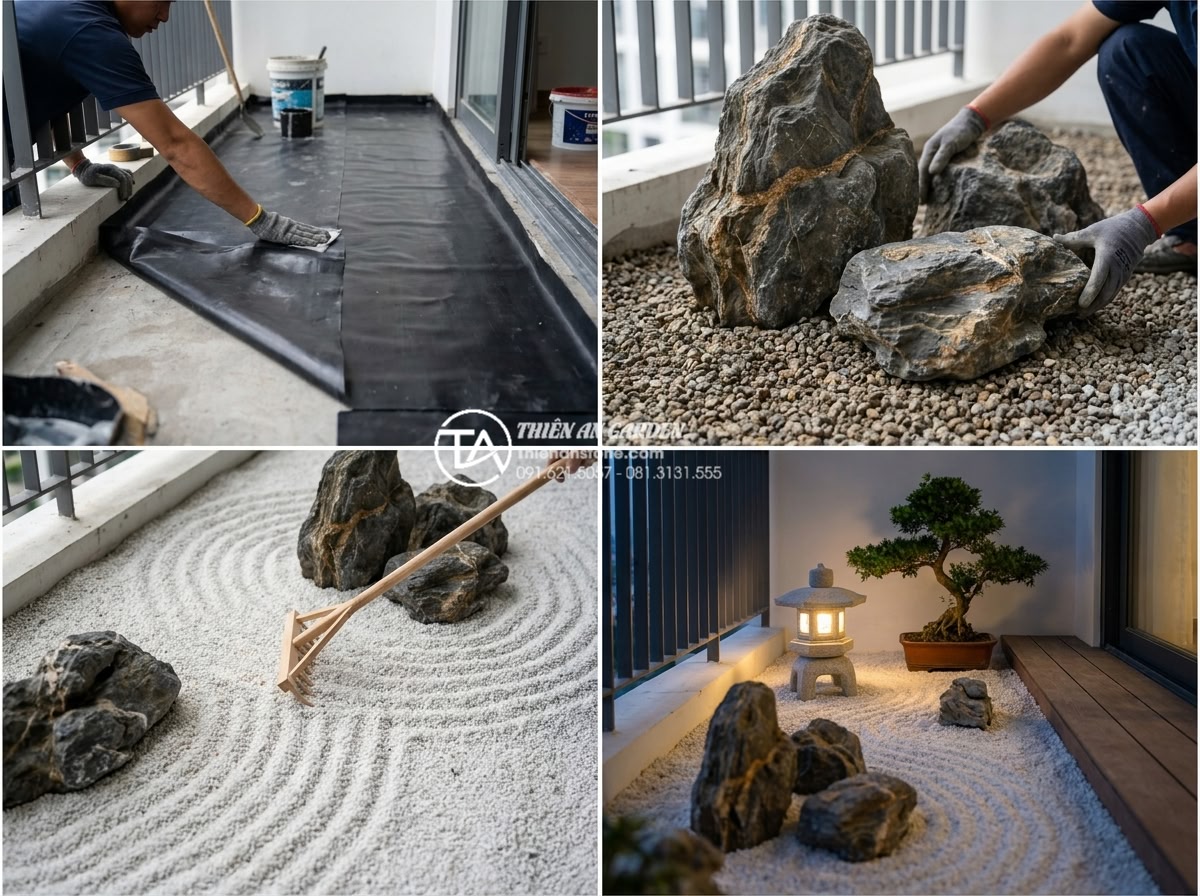 Tiểu cảnh thiền ban công: Biến không gian hẹp thành nơi tĩnh tâm - Step-by-step construction process of a balcony zen garden in Vietnam: workers in