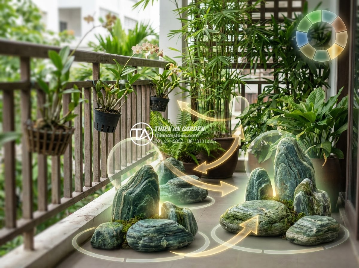 Tiểu cảnh thiền ban công: Biến không gian hẹp thành nơi tĩnh tâm - Feng shui diagram overlay on a beautiful Vietnamese balcony zen garden, showing 
