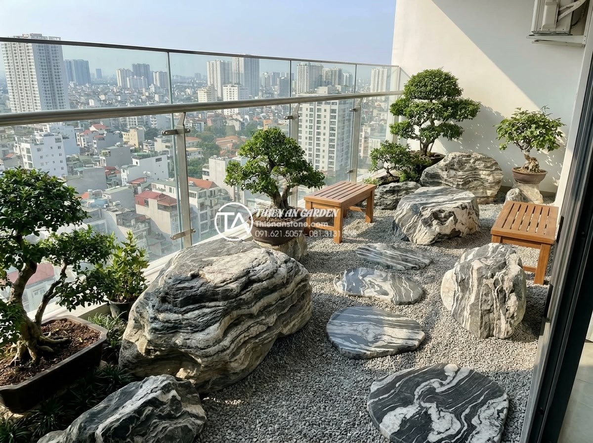 Tiểu cảnh thiền ban công: Biến không gian hẹp thành nơi tĩnh tâm - Professional team from Da Canh Thien An stone company standing proudly next to t