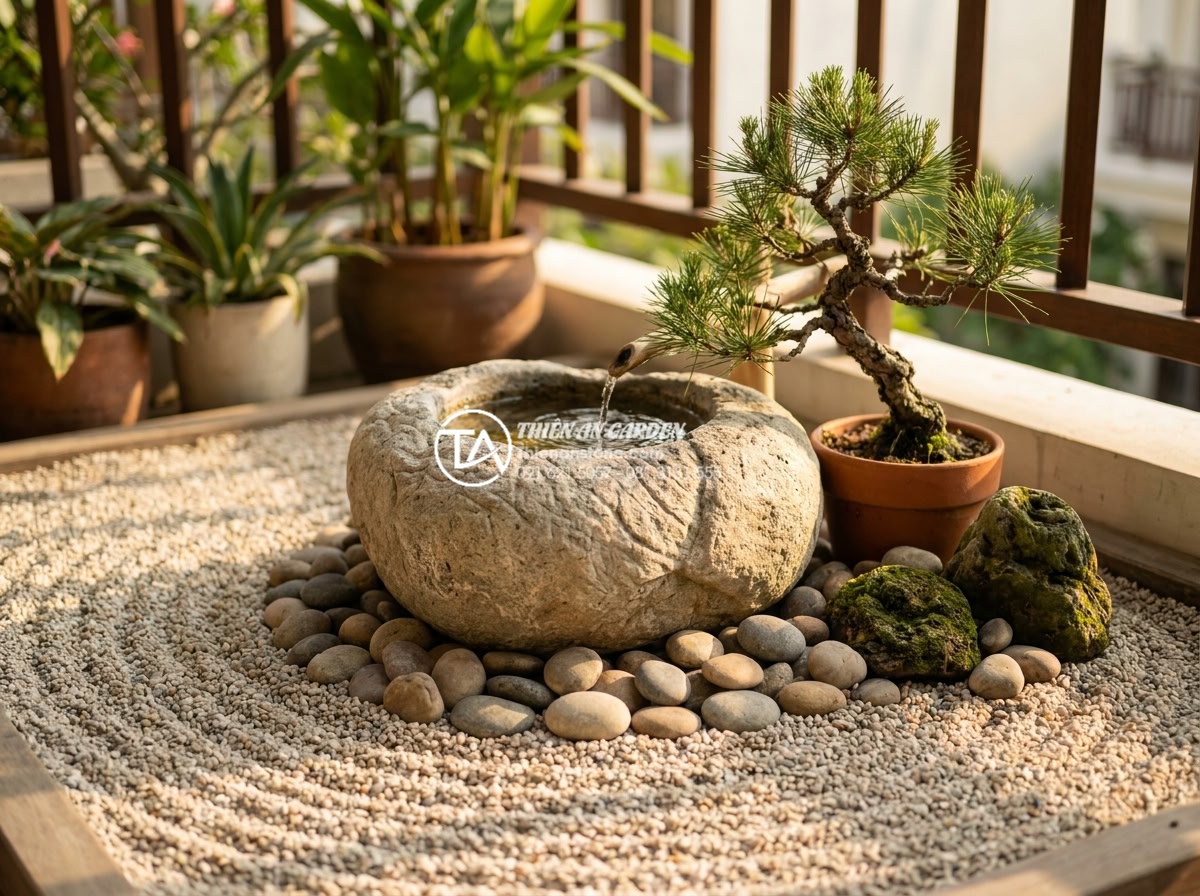 Tiểu cảnh thiền ban công: Biến không gian hẹp thành nơi tĩnh tâm - Aerial view of perfectly balanced small balcony zen garden in Vietnam, large cen