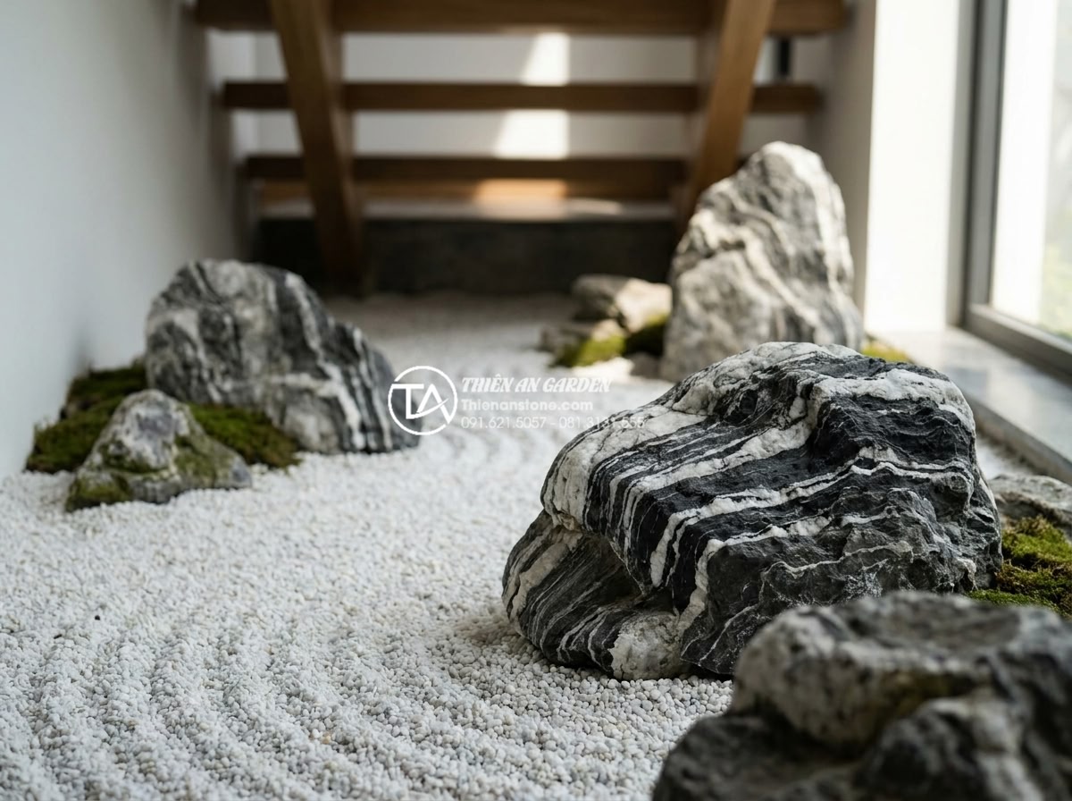 Tiểu cảnh thiền gầm cầu thang: Giải pháp phong thủy cho góc chết - A peaceful dry Zen rock garden installed under a residential staircase featuring
