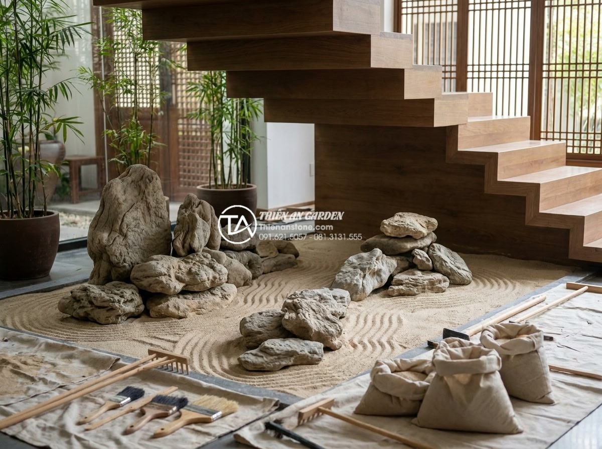 Tiểu cảnh thiền gầm cầu thang: Giải pháp phong thủy cho góc chết - Professional team installing zen dry landscape elements under stairs with natura