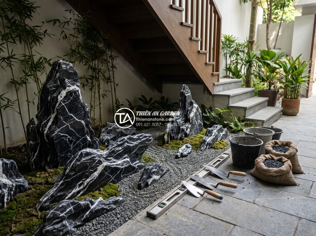 Tiểu cảnh thiền gầm cầu thang: Giải pháp phong thủy cho góc chết - Professional construction team from stone company installing zen garden under st
