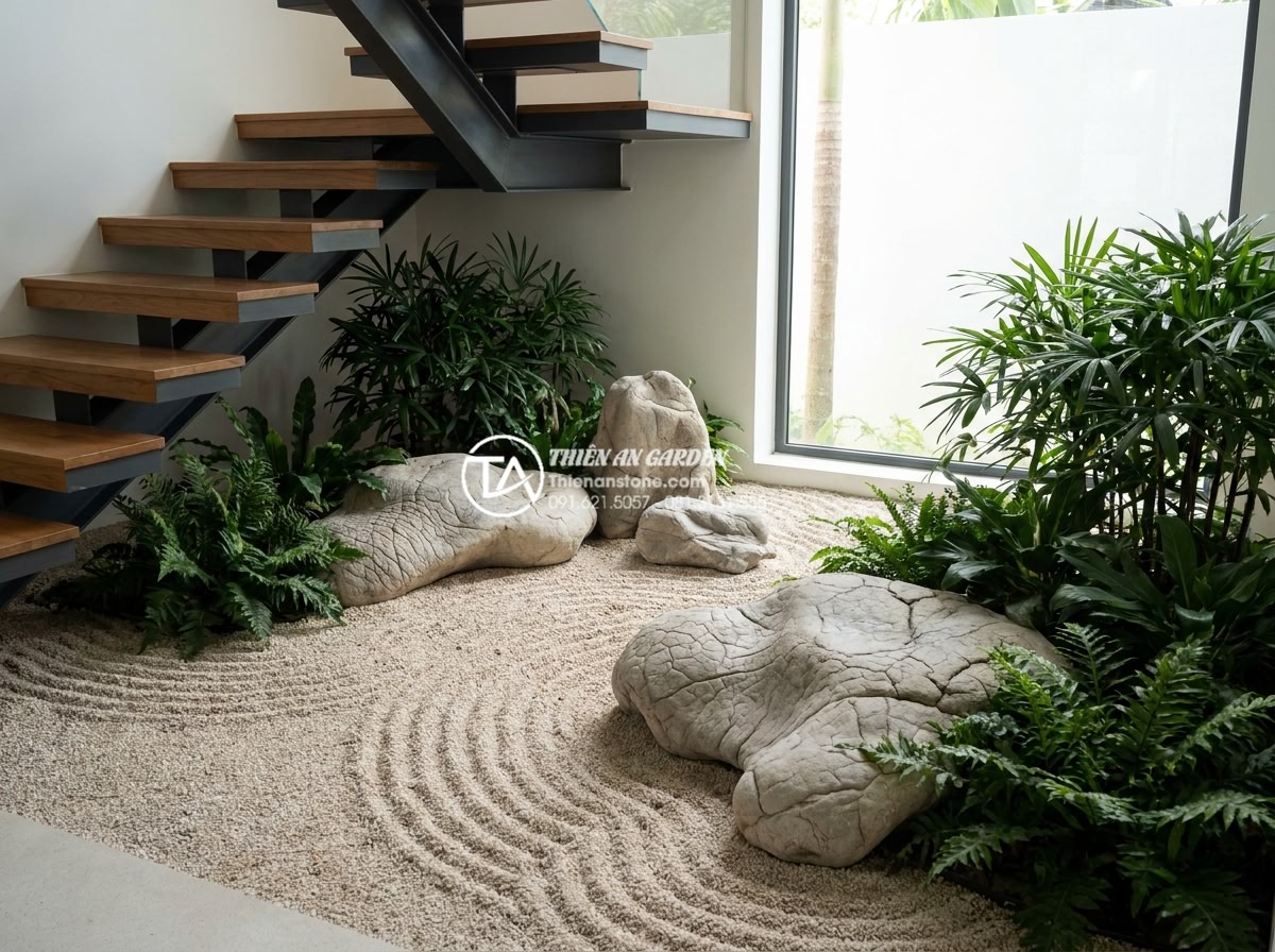 Tiểu cảnh thiền gầm cầu thang: Giải pháp phong thủy cho góc chết - Beautiful real examples of zen rock gardens under different staircase designs fe