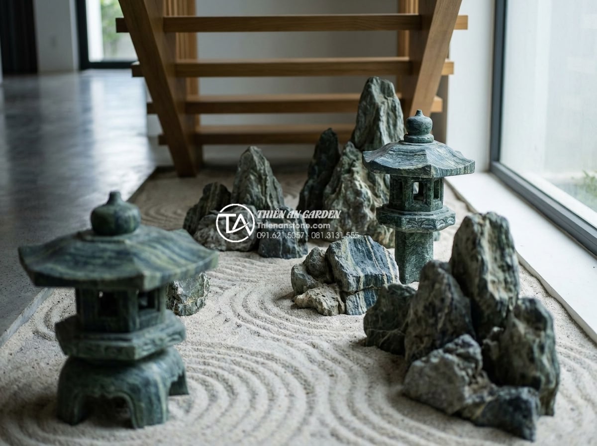 Tiểu cảnh thiền gầm cầu thang: Giải pháp phong thủy cho góc chết - Detailed view of a compact Zen dry landscape under stairs with hand-carved stone