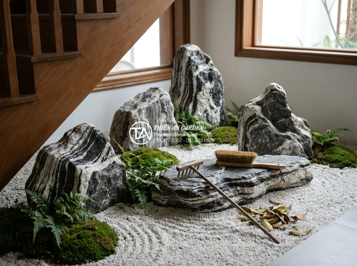 Tiểu cảnh thiền gầm cầu thang: Giải pháp phong thủy cho góc chết - Long-term care tips visualization for indoor zen landscape with natural stones u