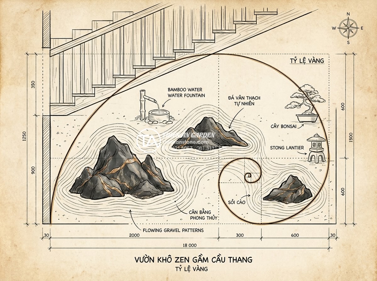 Tiểu cảnh thiền gầm cầu thang: Giải pháp phong thủy cho góc chết - Integration of wabi-sabi philosophy in compact zen meditation corner under stair