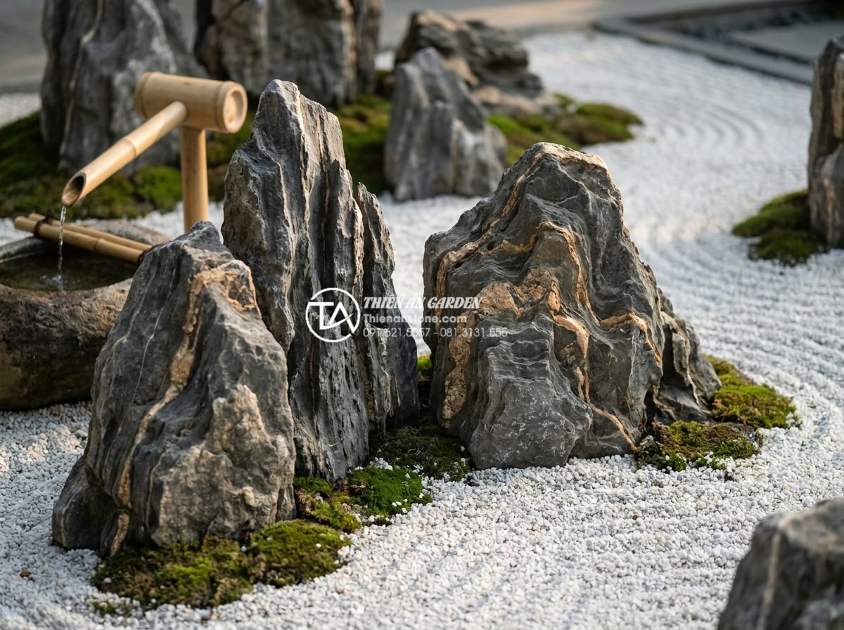 Tiểu cảnh thiền là gì? Ý nghĩa tâm linh và giá trị thẩm mỹ - A close-up view of a minimalist Zen garden featuring large irregular natural sto