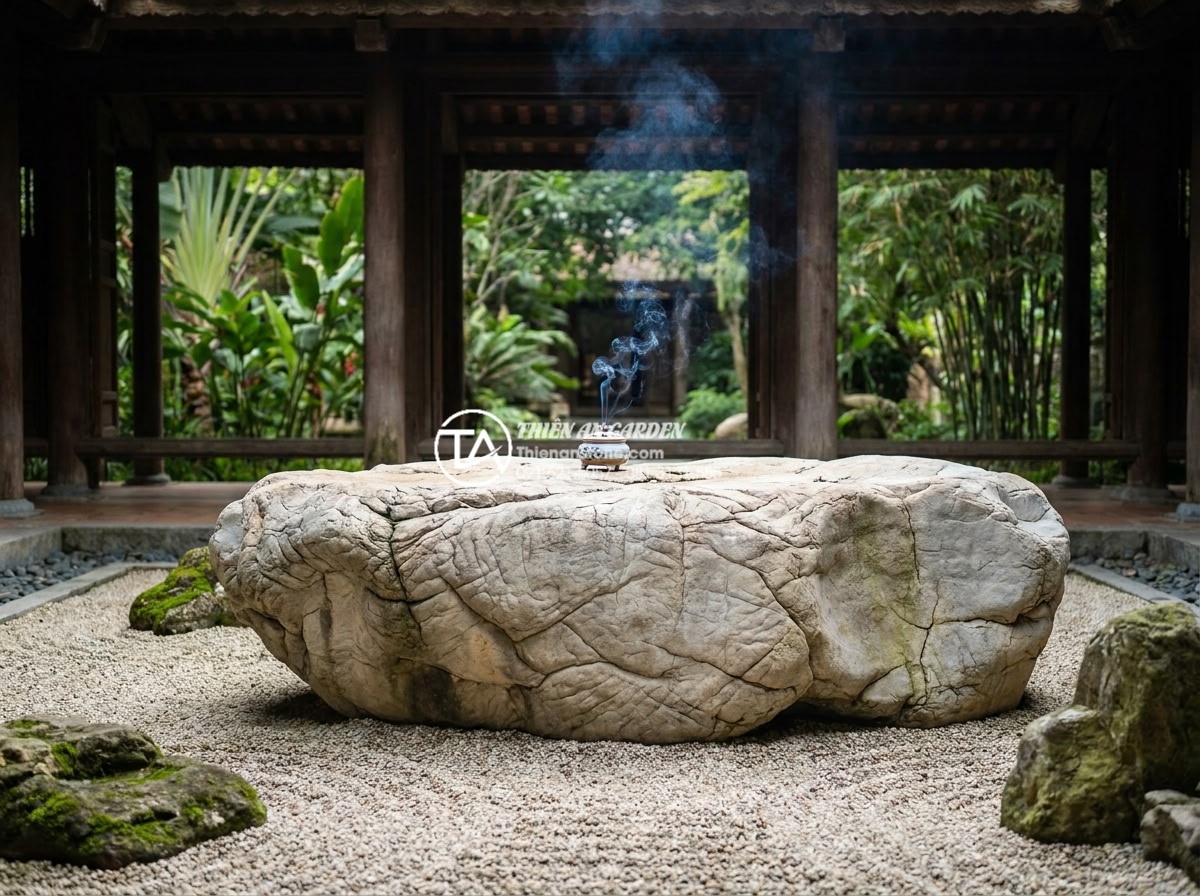 Tiểu cảnh thiền là gì? Ý nghĩa tâm linh và giá trị thẩm mỹ - Hình 6 Tiểu cảnh thiền là gì? Ý nghĩa tâm linh và giá trị thẩm mỹ - Mystical view of a Zen meditation corner with natural stone altar-like rocks, in